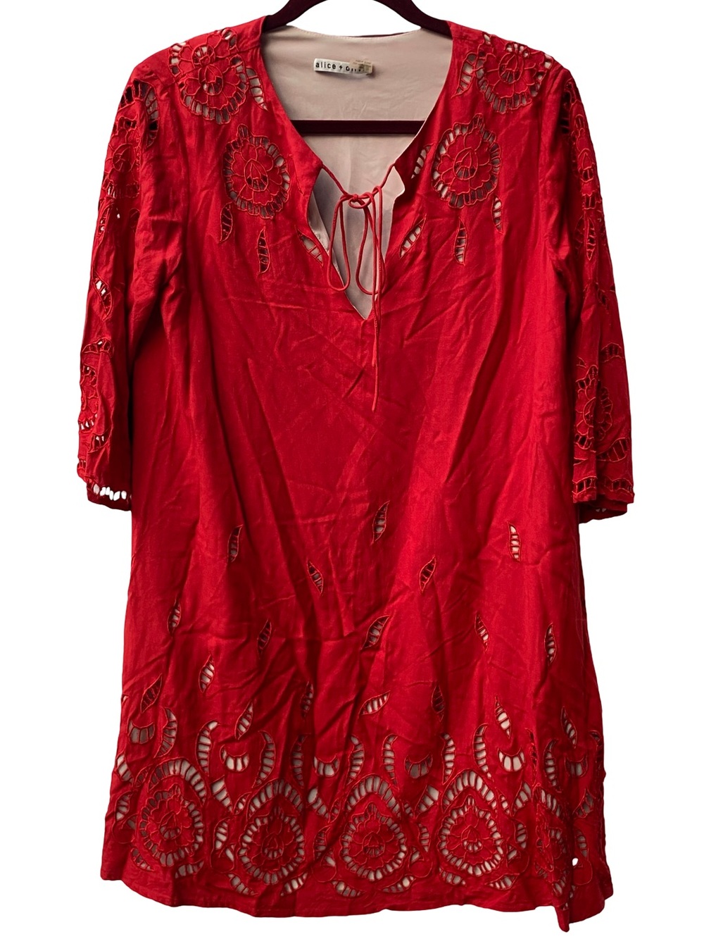 Alice + Olivia red silk eyelet tie front v-neck elbow sleeve mini dress size M